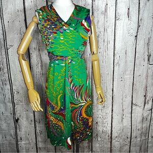 Vintage 70’s Colorful Abstract Fit & Flare Wrap Sleeveless Dress Size 6